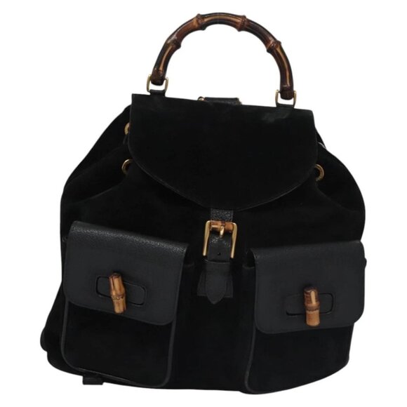 GUCCI Bamboo Backpack Suede Leather Black - Picture 1 of 16